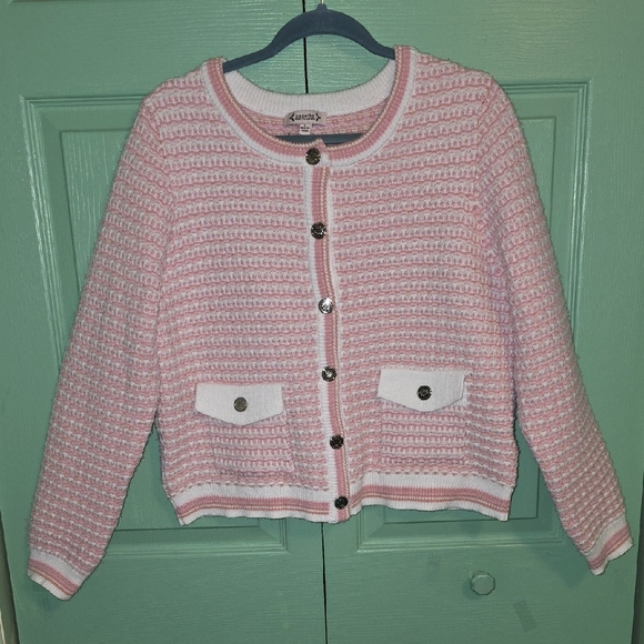 Nanette Lepore Sweaters - "nanette" Nanette LePore Pink/White Snap Front Sweater Size L  (NWOT)